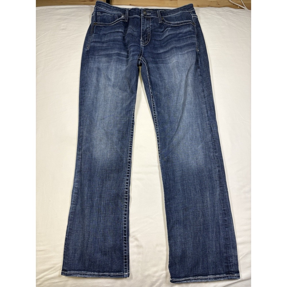 BKE Jake Bootcut Jeans Mens 33x32 Blue Denim Buckle Thick Stitch Distressed